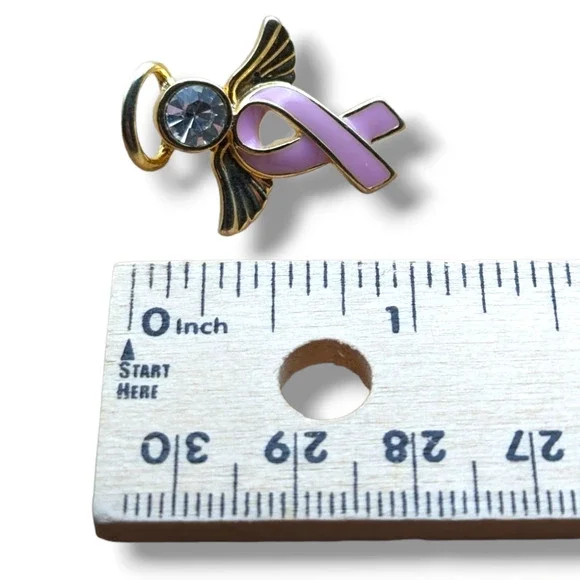 Pink Ribbon Gold Tone Angel Rhinestone Hat Lapel Pin Brooch Brest Cancer - Picture 2 of 4